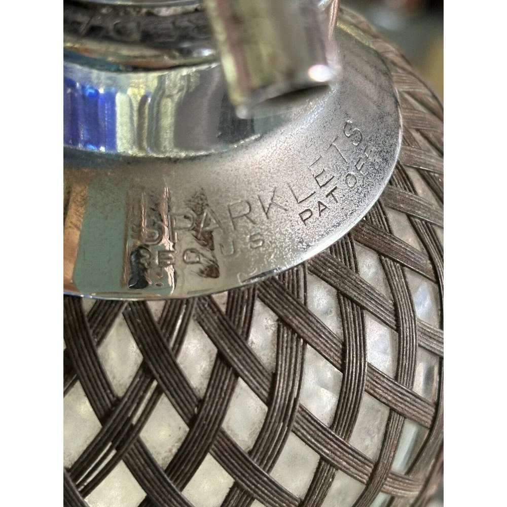 Vintage Art Deco Metal Wire Mesh Czech Glass Seltzer Bottle Sparklets USA NY